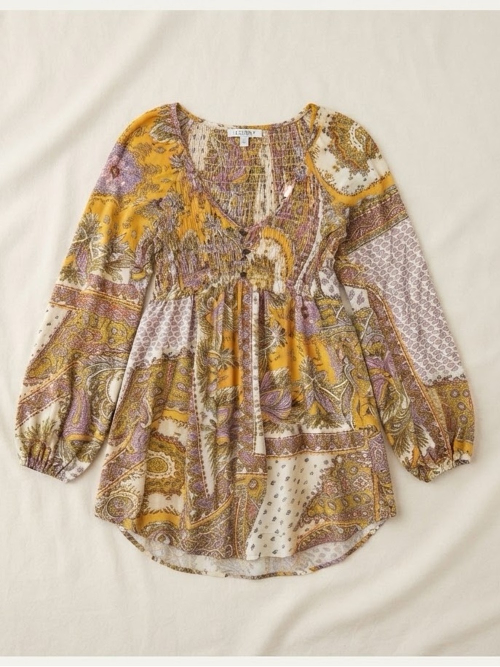 MELLODAY Yellow and Cream Patchwork Floral Long Sleeve Top